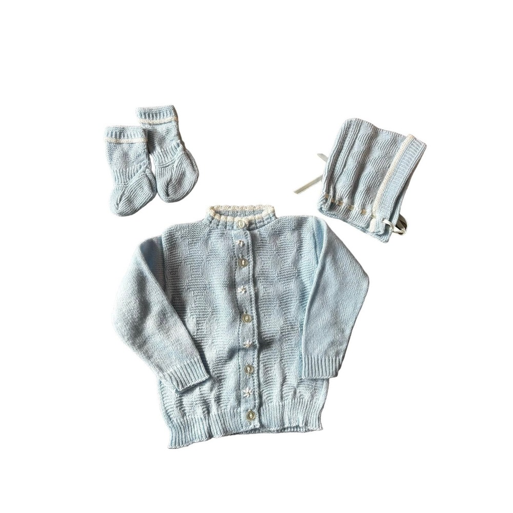 Vintage Sears baby‎ blue cardigan sweater hat/bonnet booties set orlon 70's